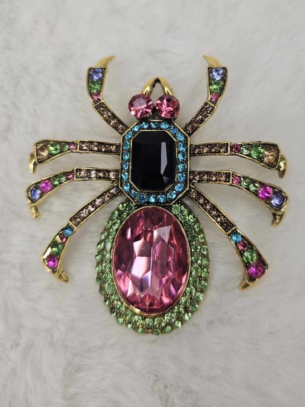 Multicolor Jeweled Spider Brooch with Pink Oval Center